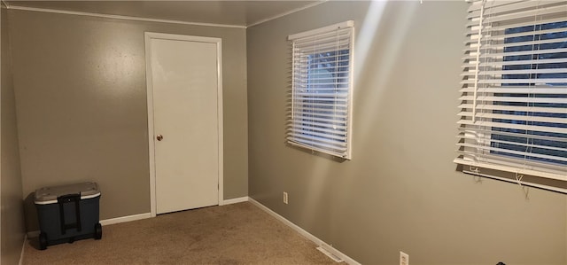 unfurnished bedroom featuring crown molding and carpet floors