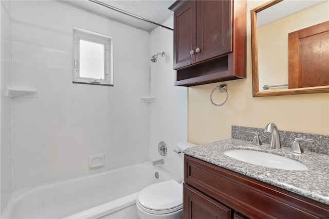 full bathroom featuring bathtub / shower combination, vanity, and toilet