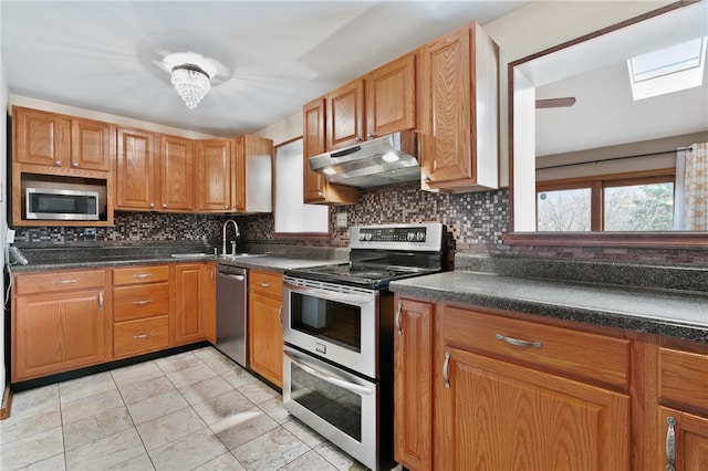 kitchen with decorative backsplash, stainless steel appliances, and a skylight