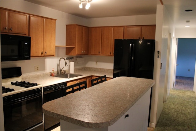 kitchen with light carpet, sink, a center island, and black appliances