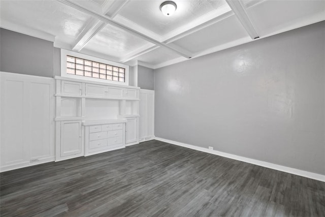 spare room featuring beam ceiling, dark hardwood / wood-style flooring, and coffered ceiling