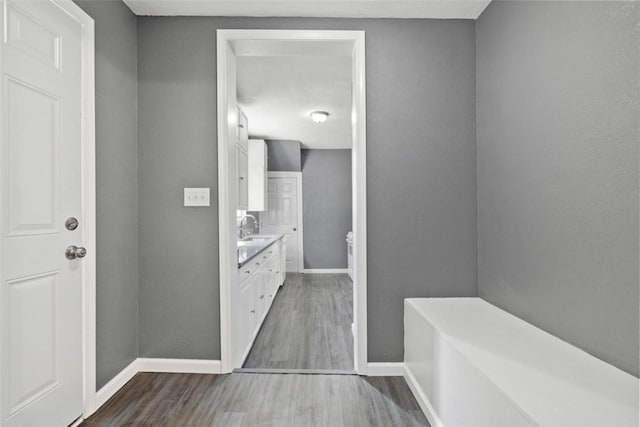 hall featuring dark hardwood / wood-style floors and sink