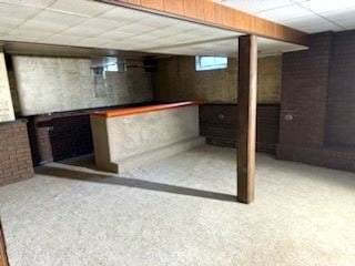 basement featuring carpet floors and a paneled ceiling