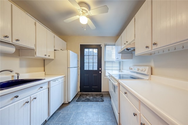 kitchen with ceiling fan, white cabinetry, white appliances, and sink