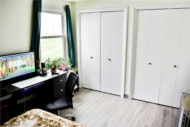 bedroom featuring light hardwood / wood-style floors and two closets