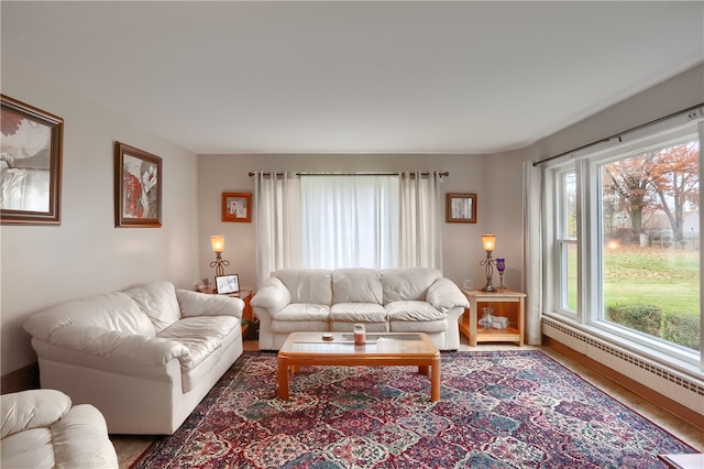 living room featuring baseboard heating, plenty of natural light, and wood-type flooring