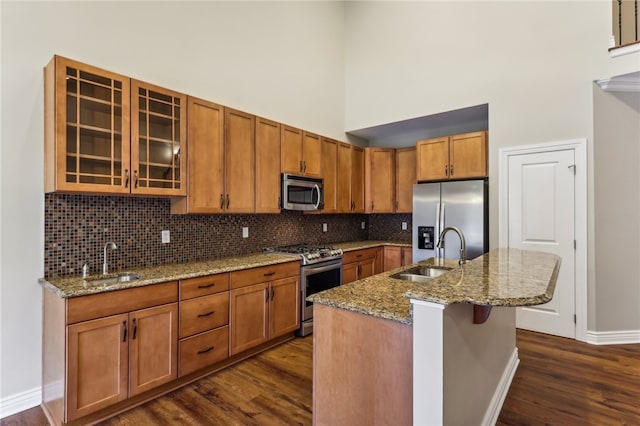 kitchen with a center island with sink, sink, stainless steel appliances, and dark wood-type flooring