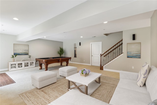 living room with light carpet and pool table