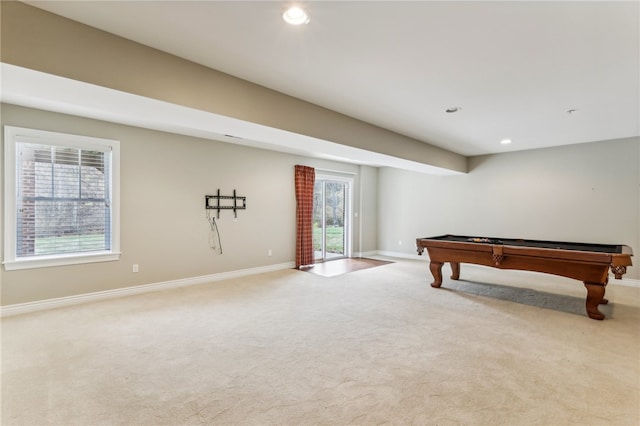 playroom with light carpet and pool table