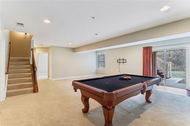 rec room with light colored carpet and billiards