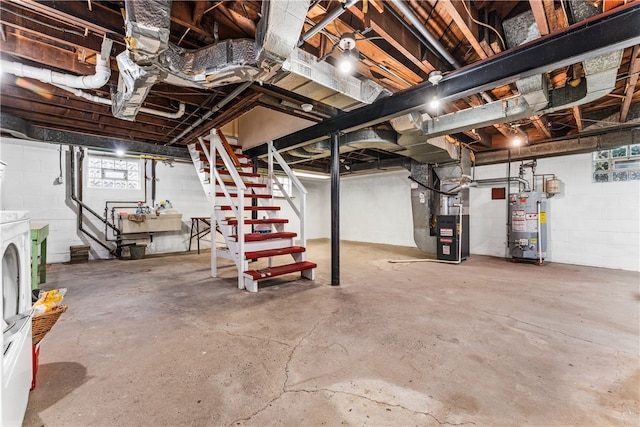 basement featuring water heater and heating unit