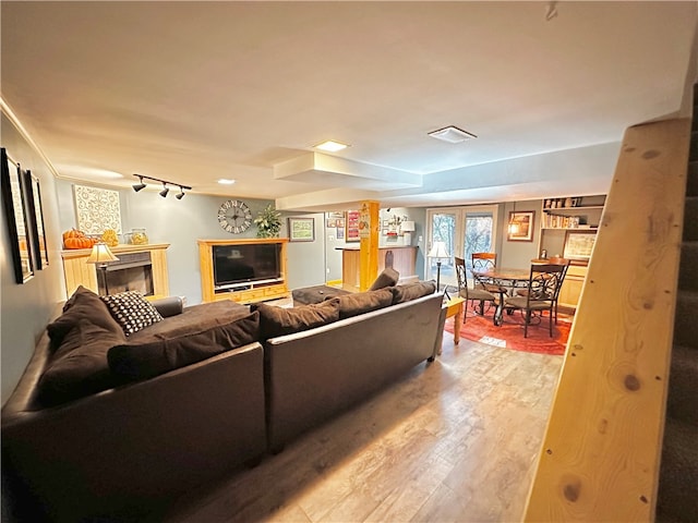 living room featuring light wood-type flooring and rail lighting