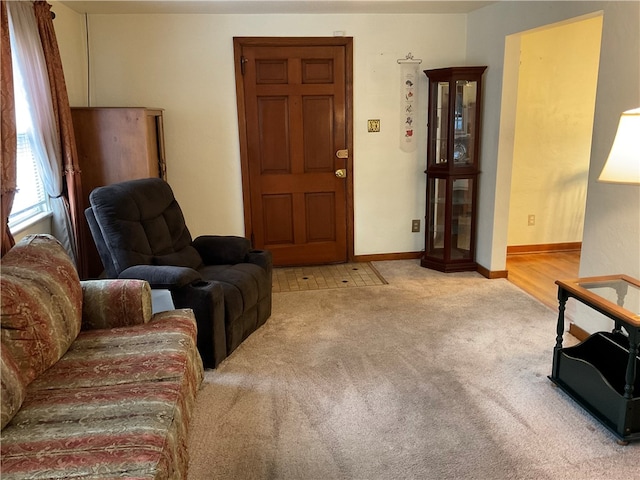 living room with light colored carpet