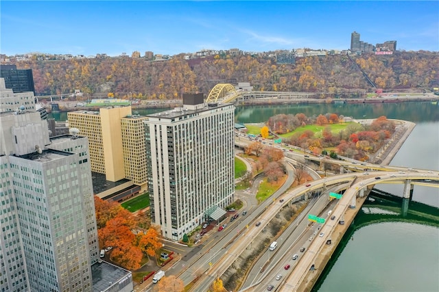 bird's eye view with a water view