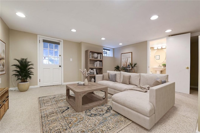 living room with light carpet