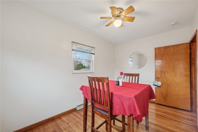 dining space with ceiling fan and light wood-type flooring