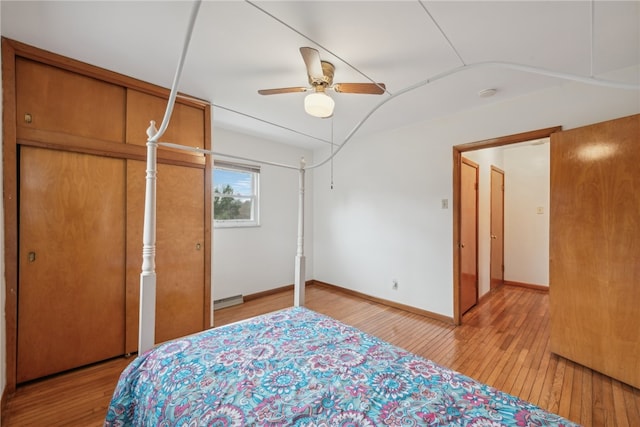 unfurnished bedroom featuring ceiling fan and light hardwood / wood-style floors