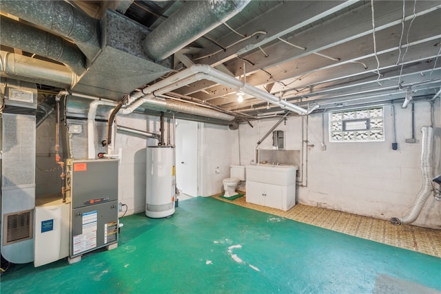 basement with heating unit and water heater