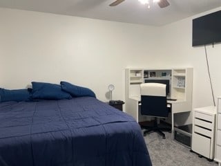 bedroom with ceiling fan and light colored carpet