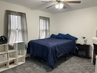 bedroom featuring ceiling fan and carpet floors