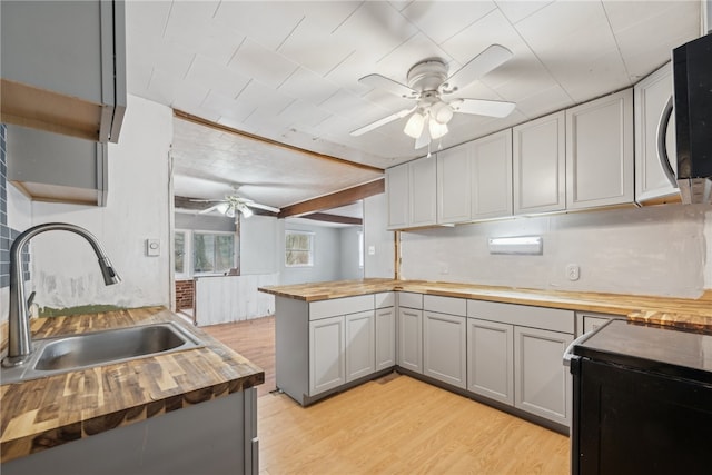 kitchen with butcher block counters, ceiling fan, sink, gray cabinetry, and light hardwood / wood-style flooring