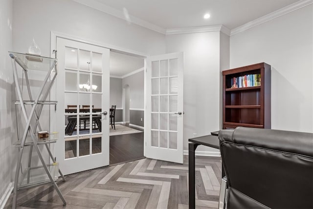 home office with crown molding, french doors, an inviting chandelier, and parquet flooring