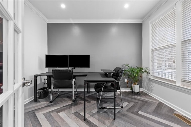 office space featuring parquet floors and ornamental molding