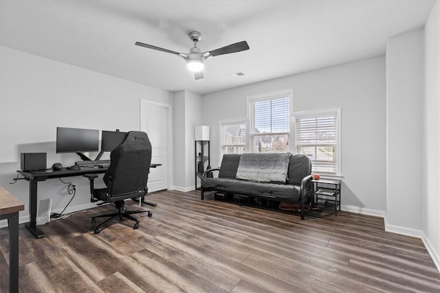 office area featuring wood-type flooring and ceiling fan