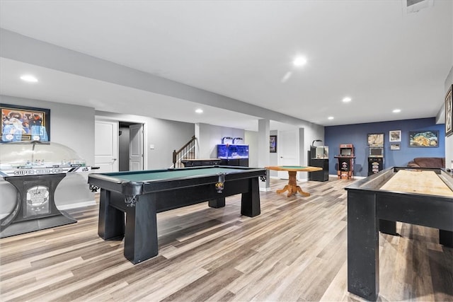 rec room featuring pool table and light wood-type flooring