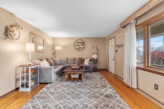 living room with wood-type flooring and a baseboard radiator