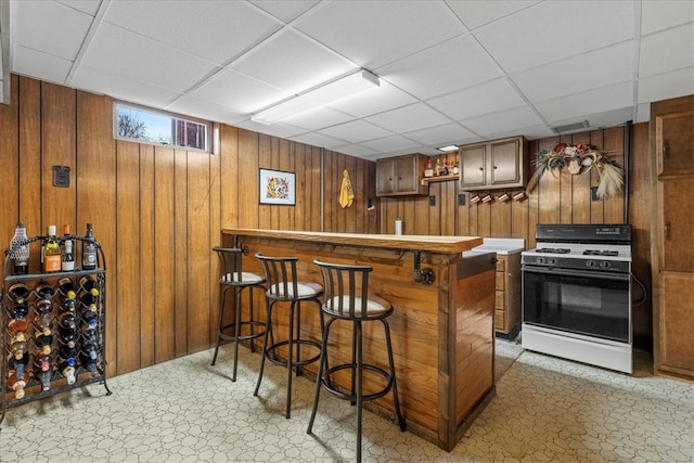 bar featuring a paneled ceiling, wood walls, and gas range gas stove