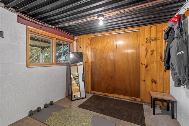 basement with wood walls