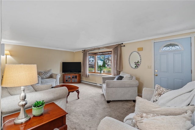 carpeted living room featuring ornamental molding and a baseboard heating unit