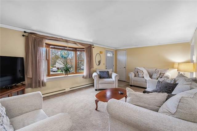 living room featuring a baseboard heating unit, carpet floors, and ornamental molding