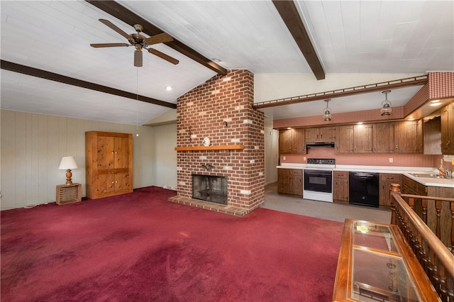 unfurnished living room with light colored carpet, ceiling fan, sink, lofted ceiling with beams, and a fireplace