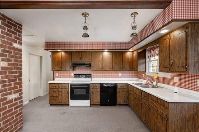 kitchen with white electric range oven, light colored carpet, sink, decorative light fixtures, and black dishwasher