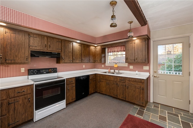 kitchen featuring sink, dishwasher, white electric range, decorative light fixtures, and exhaust hood