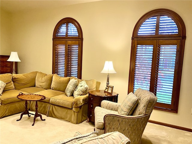 living room featuring light carpet