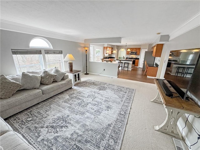 living room with hardwood / wood-style floors, a healthy amount of sunlight, and crown molding