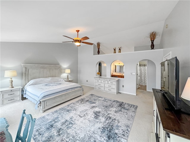 bedroom with light carpet, high vaulted ceiling, and ceiling fan