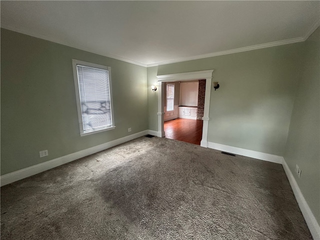 carpeted empty room with crown molding and a wealth of natural light