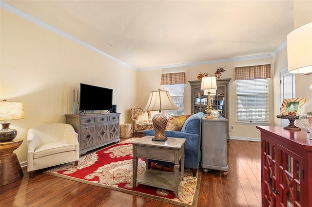 living room featuring dark wood-type flooring and ornamental molding