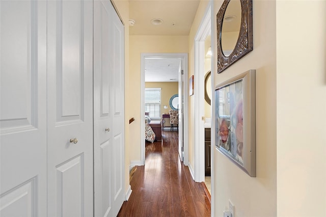 hallway with dark hardwood / wood-style flooring