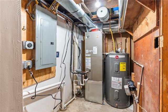 utility room featuring electric water heater, electric panel, and heating unit