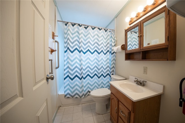 full bathroom featuring tile patterned flooring, shower / bath combination with curtain, toilet, and vanity