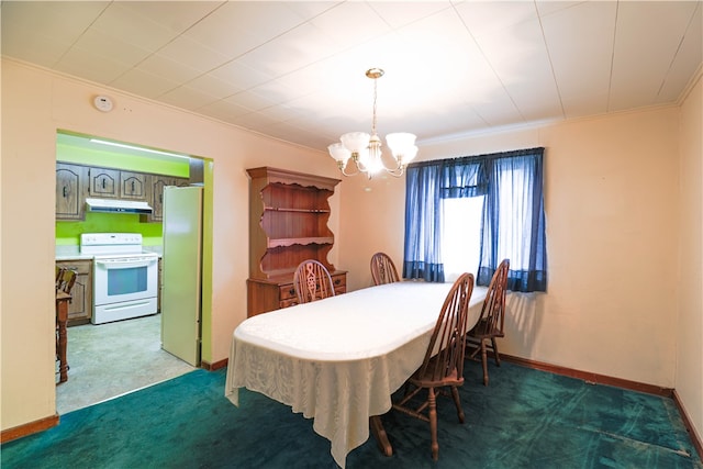 carpeted dining area with an inviting chandelier and crown molding