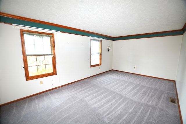 spare room with carpet floors, a textured ceiling, and ornamental molding