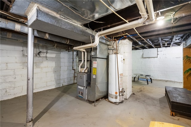 basement with heating unit and water heater