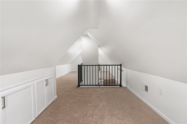 additional living space featuring light colored carpet and vaulted ceiling