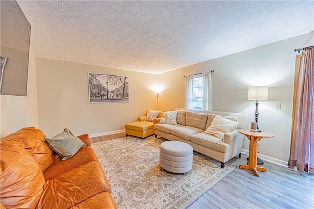 living room featuring a textured ceiling and hardwood / wood-style flooring